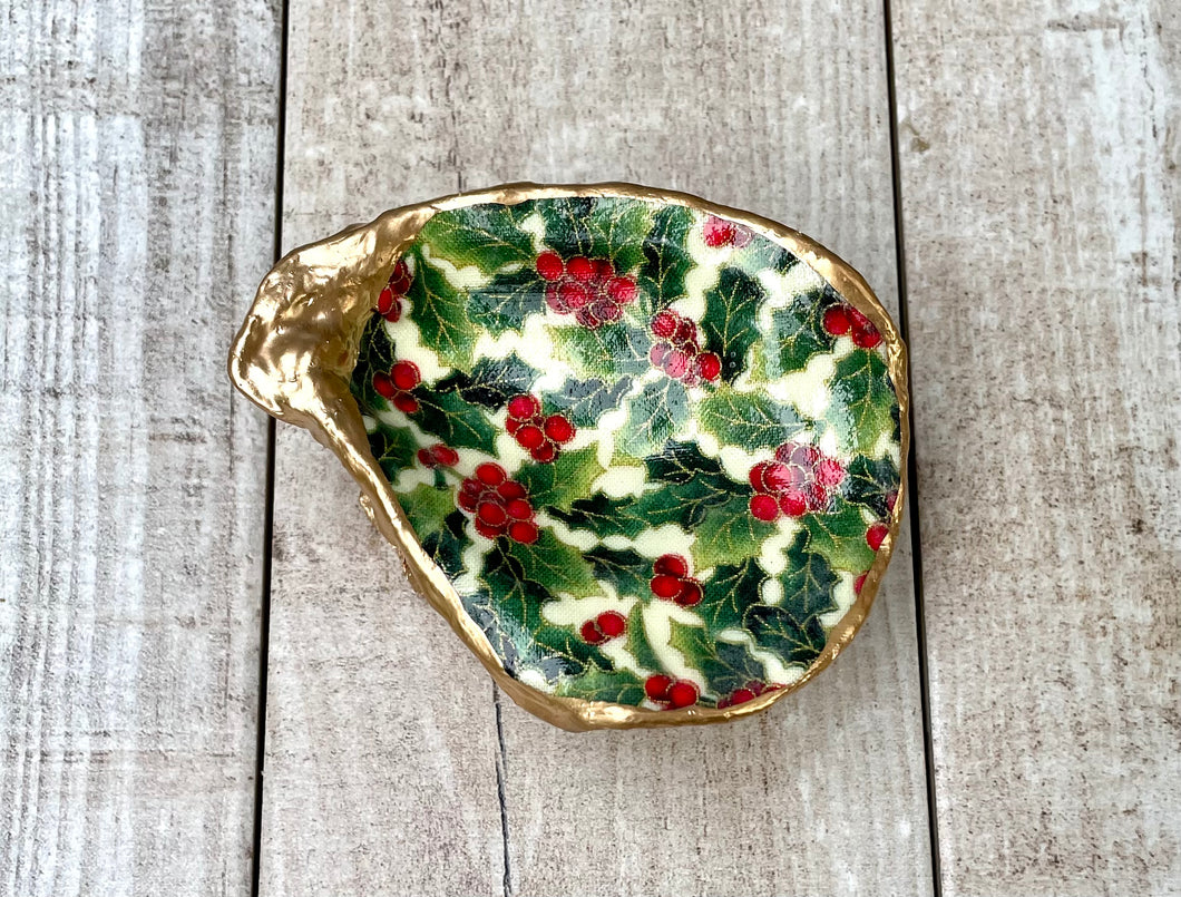 Holly Berry Stacked Oyster Shell Trinket Dish